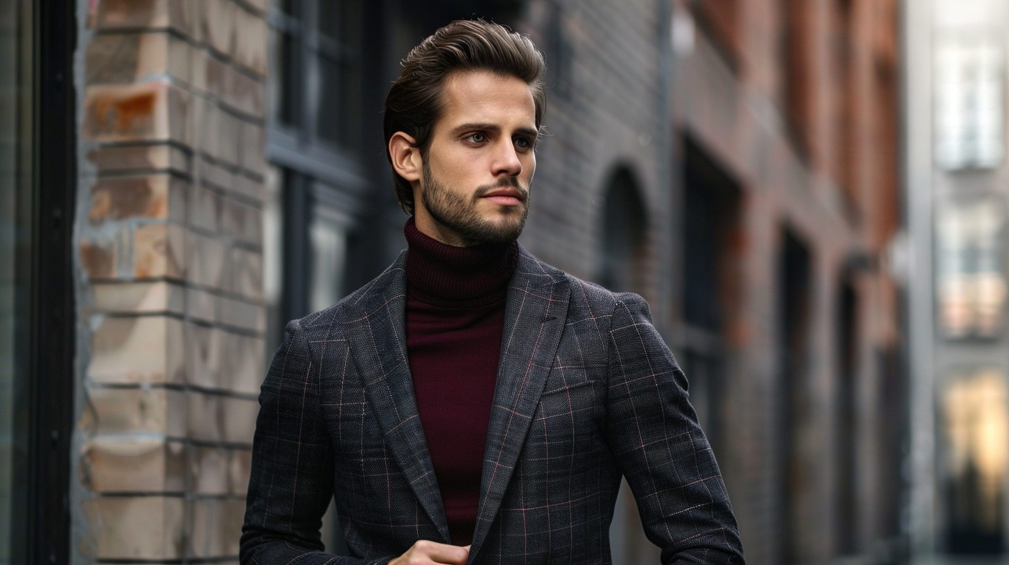 Stylish man wearing a black suit jacket over a fitted burgundy or grey turtleneck, slim trousers, leather loafers or ankle boots, cool-weather modern aesthetic.