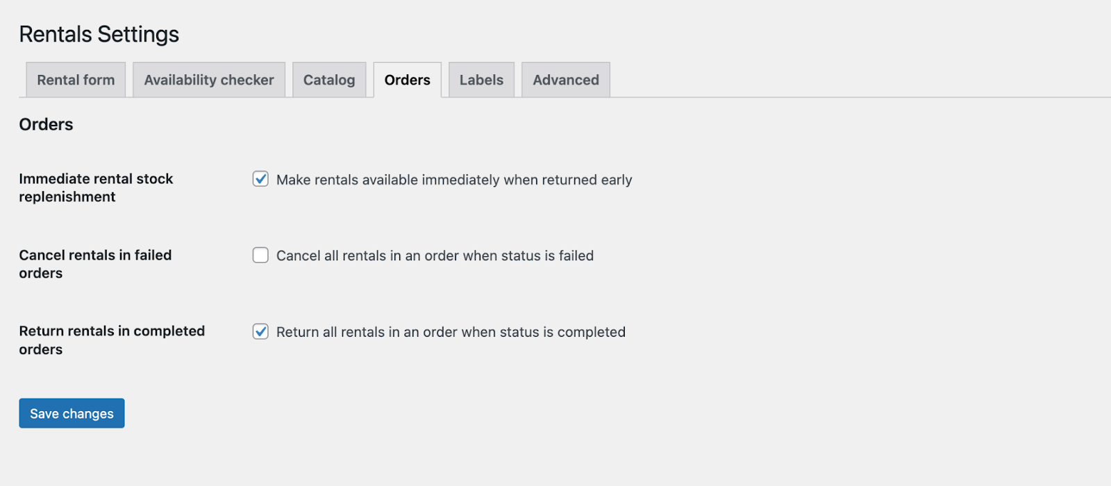 Configuring settings for orders in Rental Products for WooCommerce