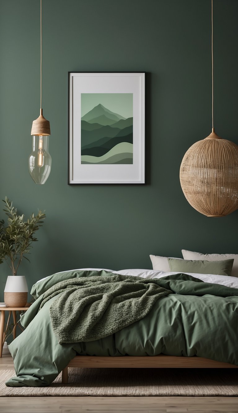 Sage green artwork hangs in a serene bedroom, surrounded by 21 sage green decor ideas