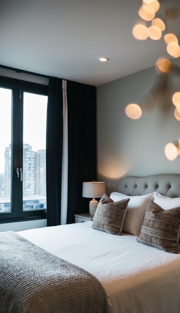 A cozy bedroom with a large window covered by black-out curtains, soft lighting, and a comfortable bed with decorative pillows