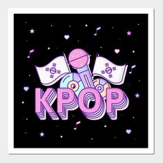 This contains an image of the kpop logo on a black background with stars and confetti around it