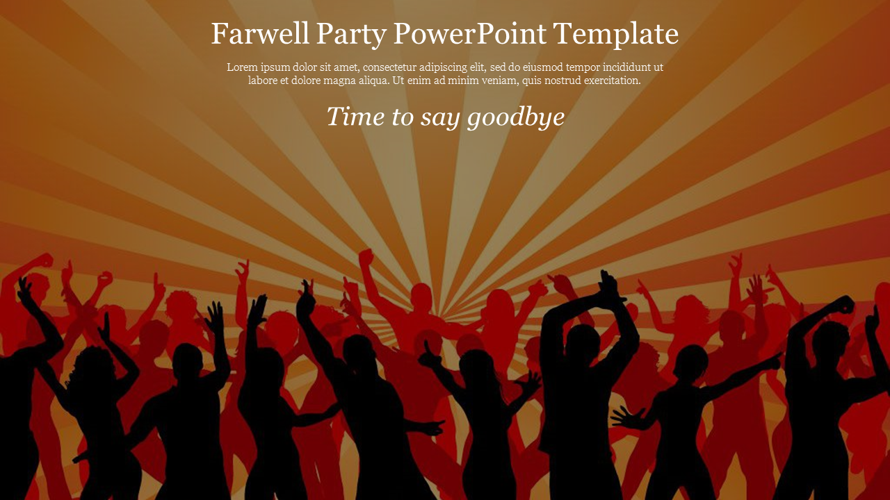 Farewell party PowerPoint template featuring silhouettes of dancing people with a radiant orange background and bold text.