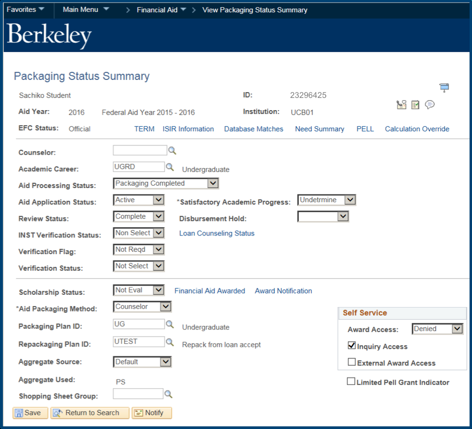 Packaging Status Summary page.