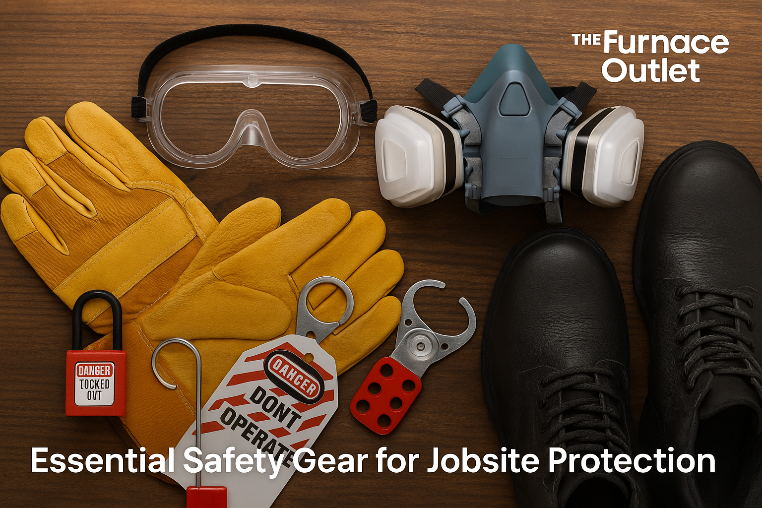 A digital photograph displays essential safety gear for HVAC technicians, including yellow work gloves, clear safety goggles, a dual-filter respirator, black steel-toe boots, and a red lockout/tagout kit, all neatly arranged on a wooden surface with The Furnace Outlet branding.