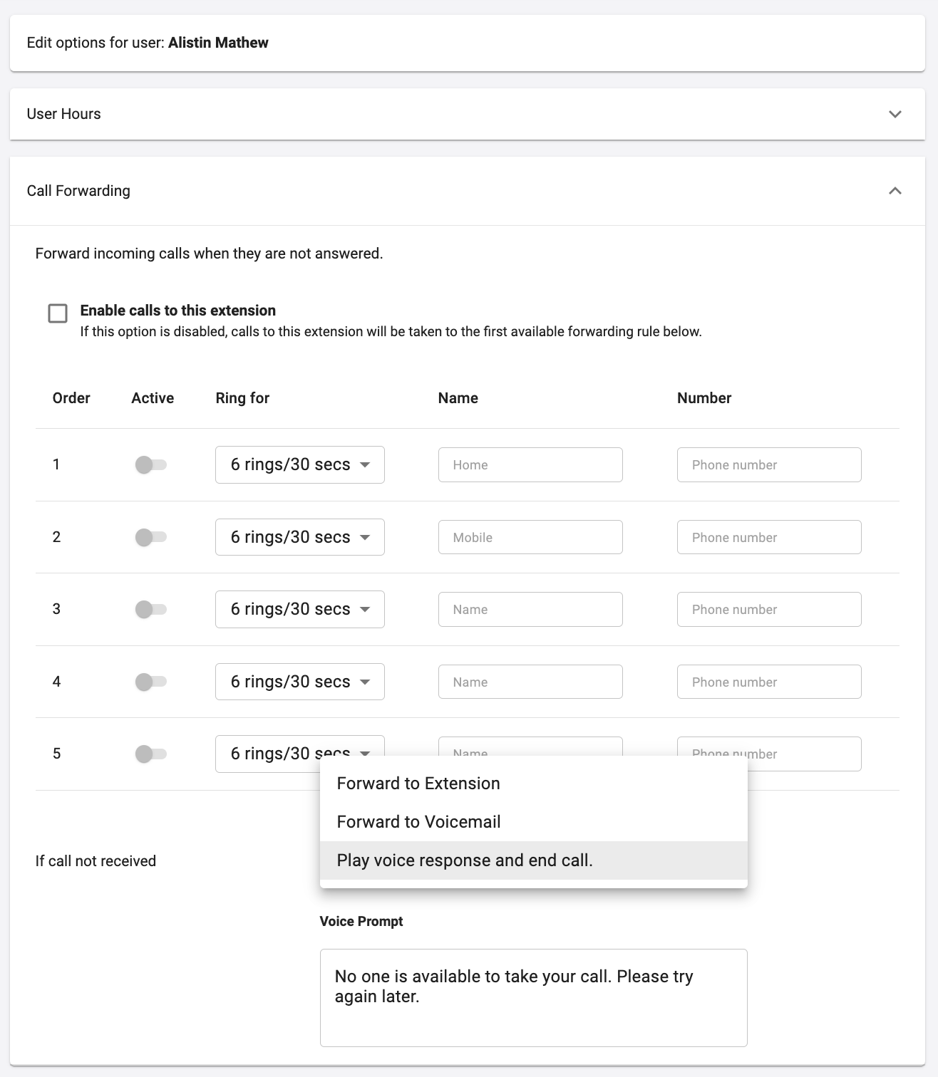 active call forwarding dashboard