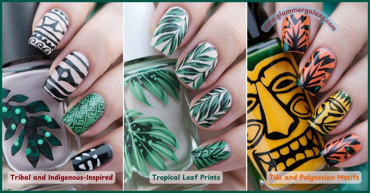 Various nail art designs showcasing tribal, tropical leaf prints, and Polynesian motifs.