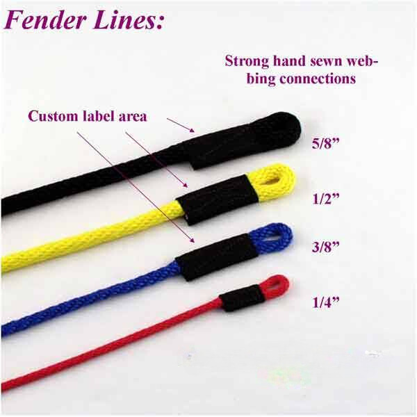 Different sizes of fender lines for boats, showing various colors and diameters.