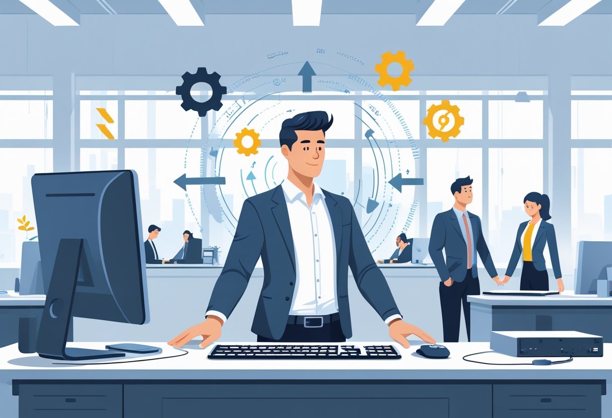 A business professional working with modern computer equipment in a bright office, surrounded by coworkers and symbols representing technology and efficiency.