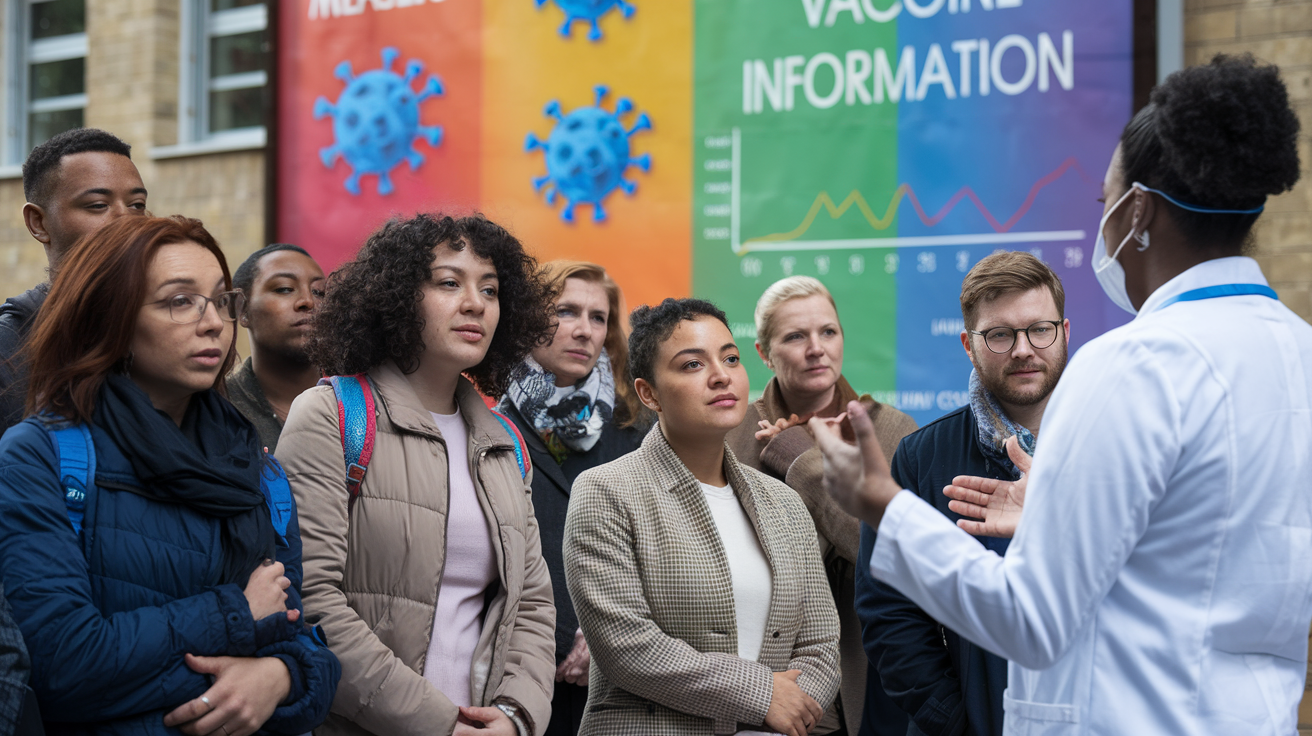 Create a realistic image of a diverse group of concerned parents standing outside a school, with a medical professional in a white coat (white male) addressing them about vaccinations. In the background, show a colorful billboard with measles virus illustrations and "Vaccine Information" text. Include a subtle graph showing rising measles cases in one corner of the image.