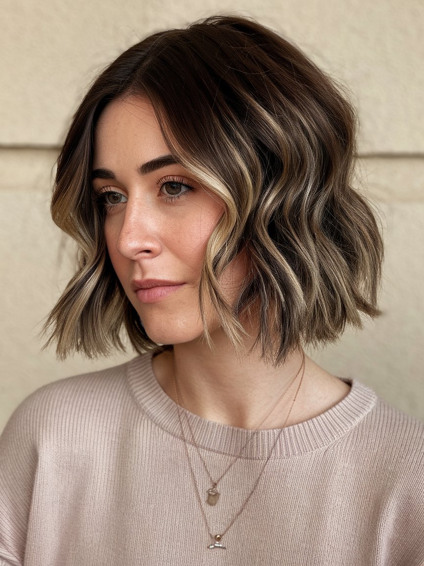 38. Dark Brown Bob Cut with Highlights