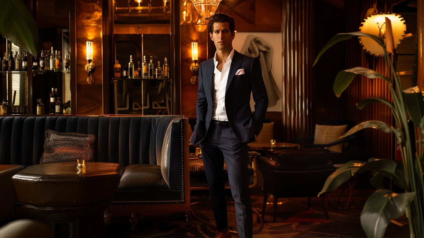 A man in a tailored navy suit with a crisp white dress shirt, leather oxford shoes, and a pocket square, standing in a chic cocktail lounge with warm lighting and stylish decor
