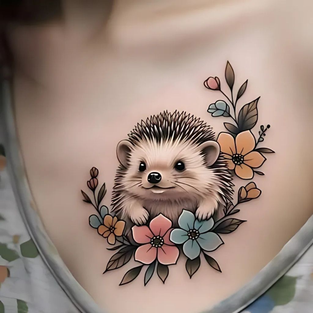 Hedgehog with Flowers Tattoo

