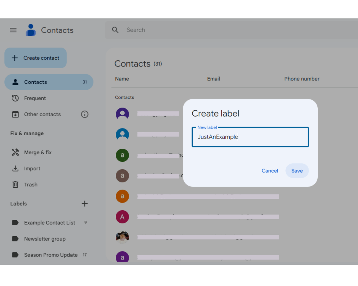 How to create email groups in Gmail: After clicking new label in Google contacts page, name the label