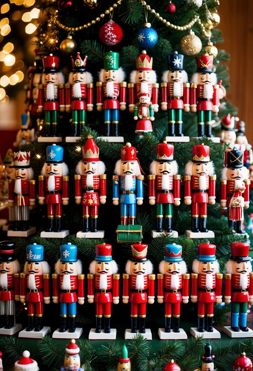 A festive display of 24 miniature Nutcracker figures arranged around a Christmas tree, each adorned with unique holiday decorations