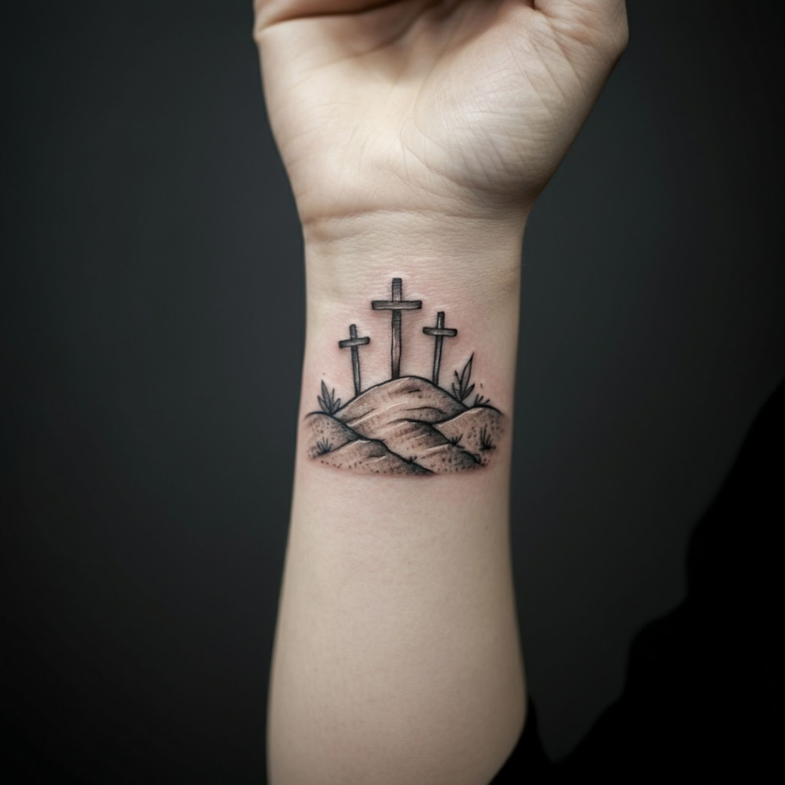 Three Crosses on a Hill in Black and Grey Tattoo