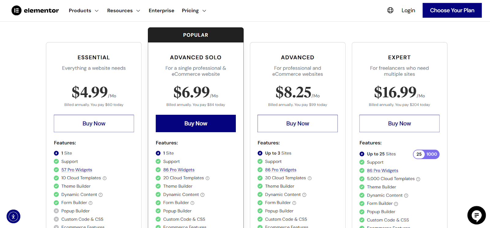 Elementor pricing