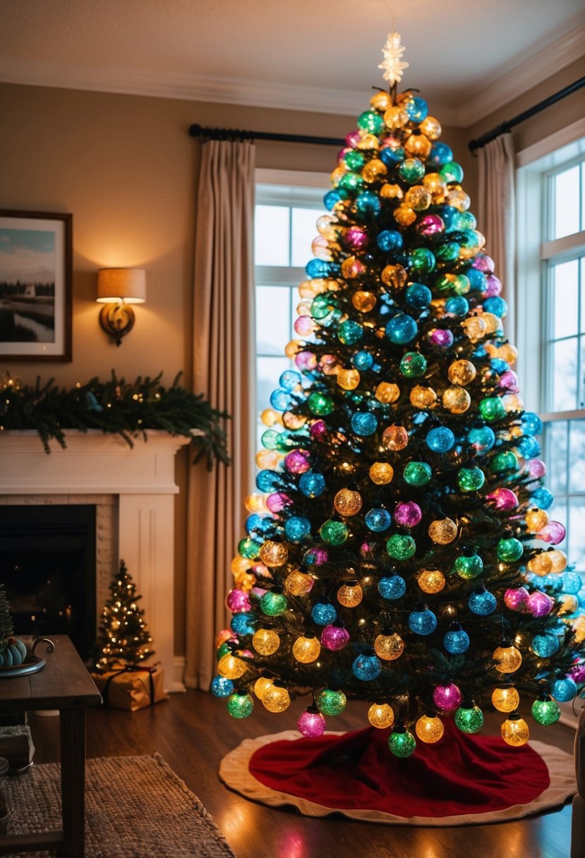 A 7-foot Christmas tree adorned with colorful retro bubble lights, casting a warm and nostalgic glow in a cozy living room