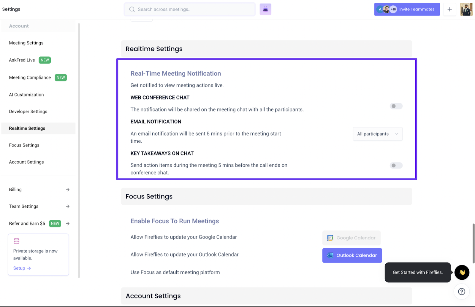 Fireflies realtime meeting pane - Realtime privacy controls and sharing