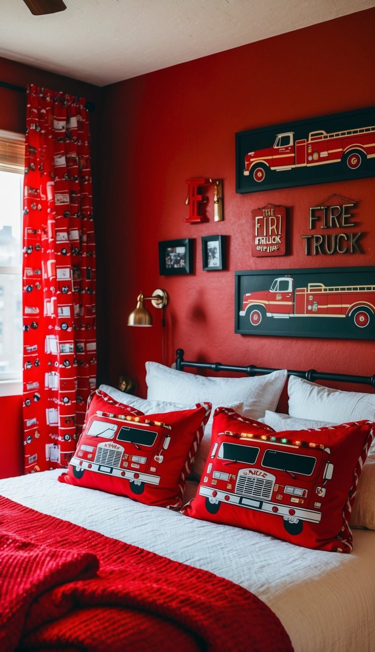 A cozy bedroom filled with fire truck red knick-knacks, from pillows to curtains, creating a vibrant and energetic atmosphere