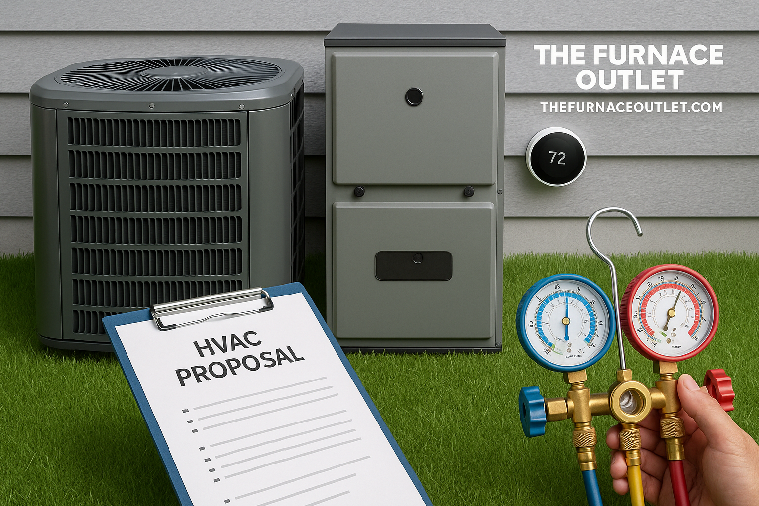 A branded image for The Furnace Outlet displaying a gray outdoor AC unit, indoor furnace, digital smart thermostat, HVAC proposal on a clipboard, and refrigeration gauges held by a technician—all set on green grass in front of a residential building, representing transparency, planning, and professionalism in HVAC proposals.