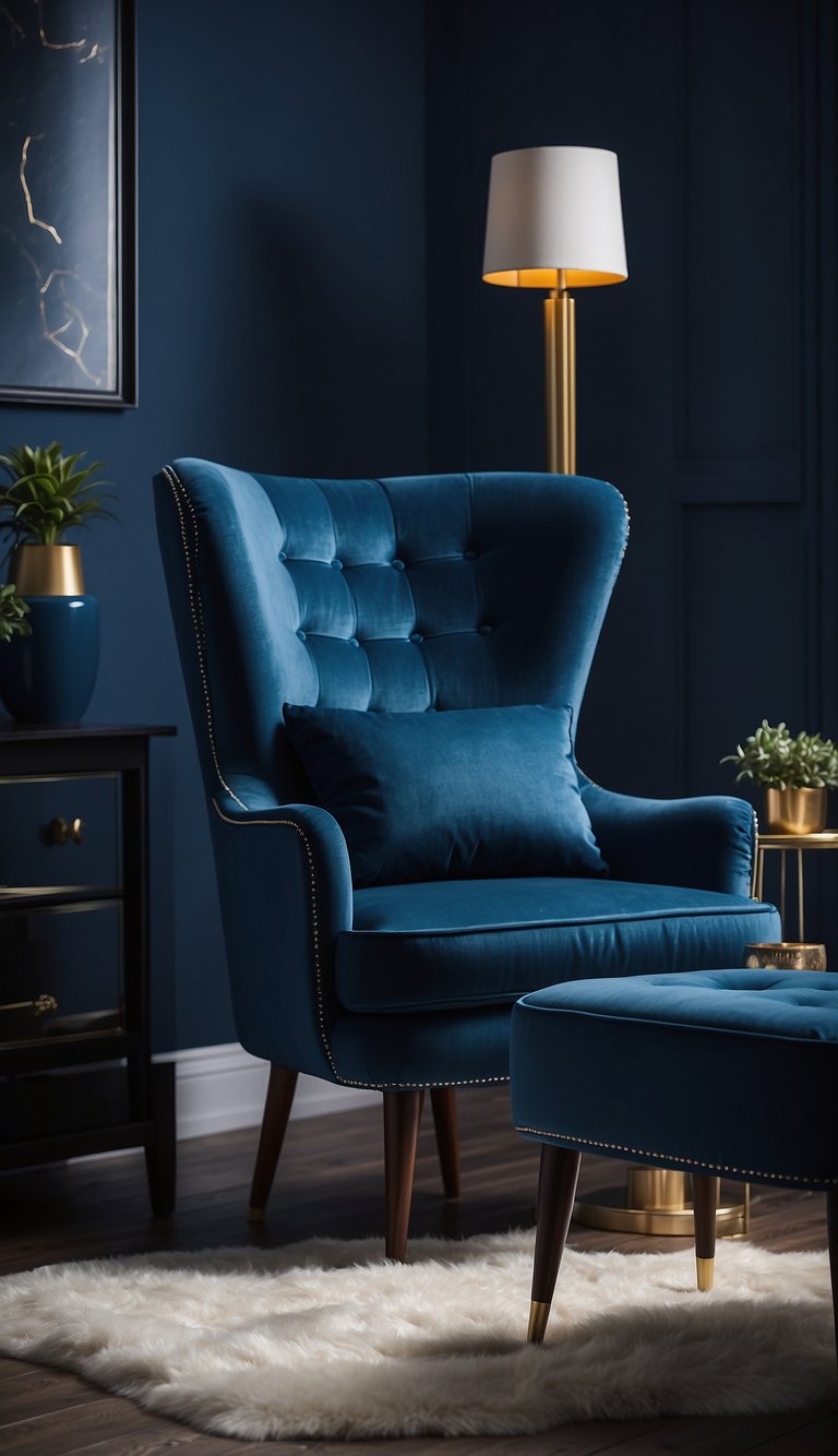 A marine blue accent chair sits in a dark blue bedroom, surrounded by matching decor and accessories