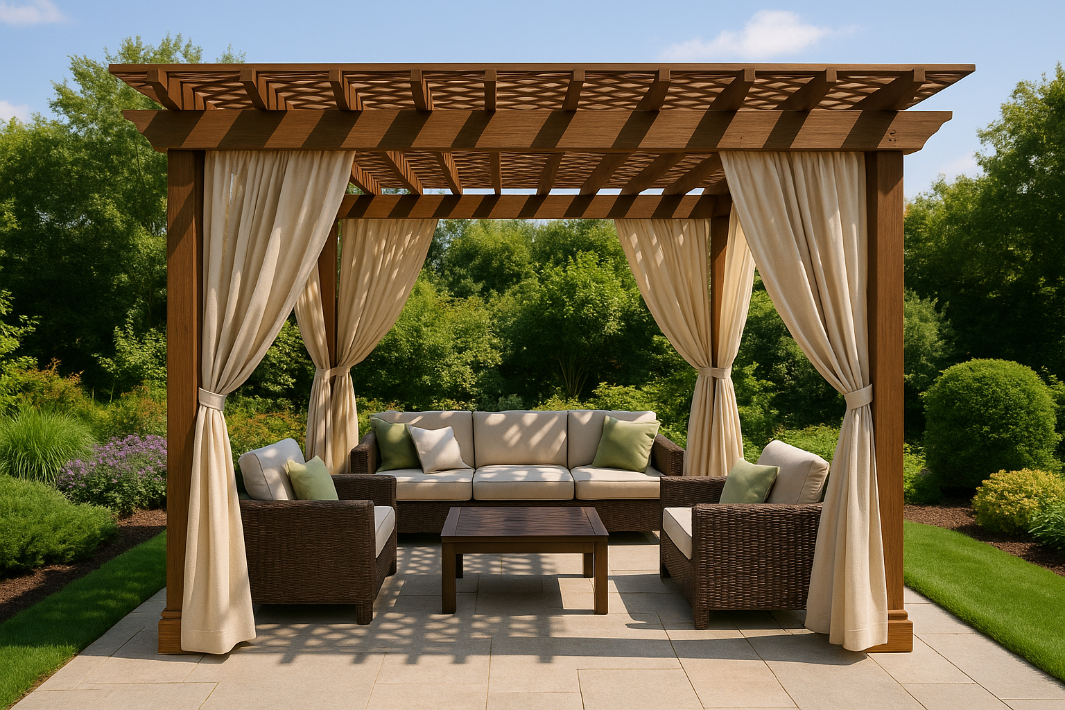 Pergola with fade-resistant outdoor curtains partially drawn, creating a cozy shaded space.
