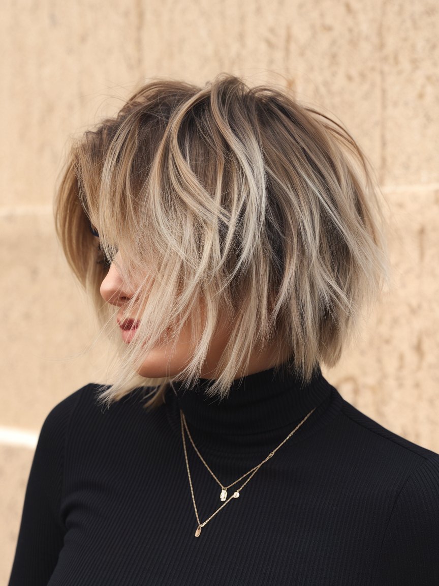 35. Short Layered Cut with Balayage Highlights