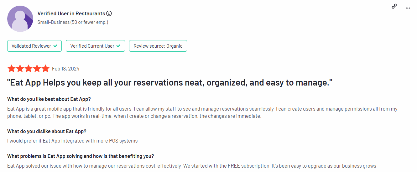 Eat App customer review on G2