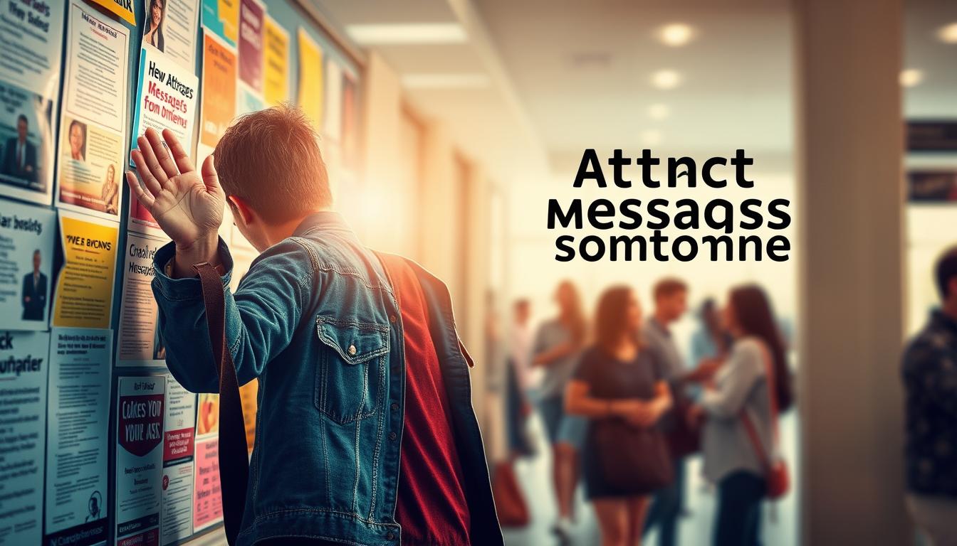 An image of a person standing in front of a bulletin board covered in colorful flyers and posters, reaching out to touch one that says "Attract Messages from Someone" with a determined expression on their face. The person is surrounded by a bright aura of light, representing their positive energy and intention to manifest their desired outcome. In the background, there are other people going about their day, but the person in focus is taking inspired action by putting themselves out there and actively seeking what they want.