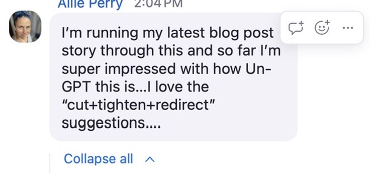 A screenshot of a chat message from Allie Perry, timestamped at 2:04 PM. The message reads: “I’m running my latest blog post story through this and so far I’m super impressed with how Un-GPT this is… I love the ‘cut+tighten+redirect’ suggestions….” The message is displayed in a rounded light gray speech bubble. Allie’s profile picture is a close-up photo of her face. To the right of the message are icons for emoji reactions and additional options. Below the message is a clickable text that says “Collapse all.”