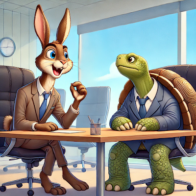 A cartoon picture of a hare and a tortoise sitting at a table in an office setting. Both are wearing suites. The hare is talking and the tortoise is listening.