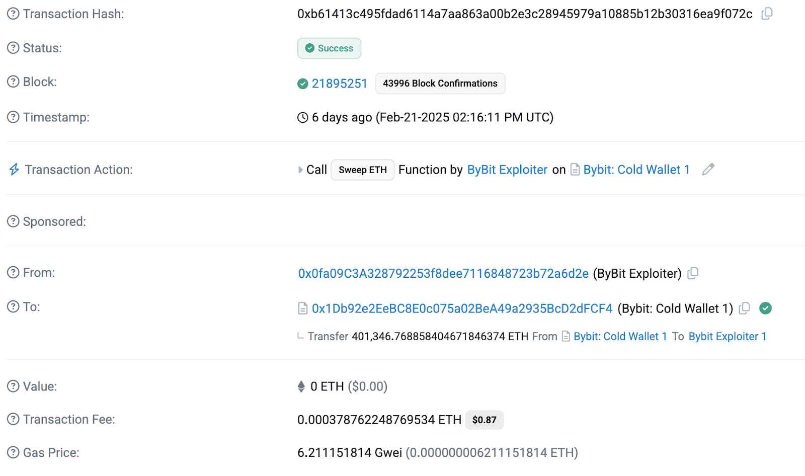 Etherscan Bybiy address exploiter cold wallet