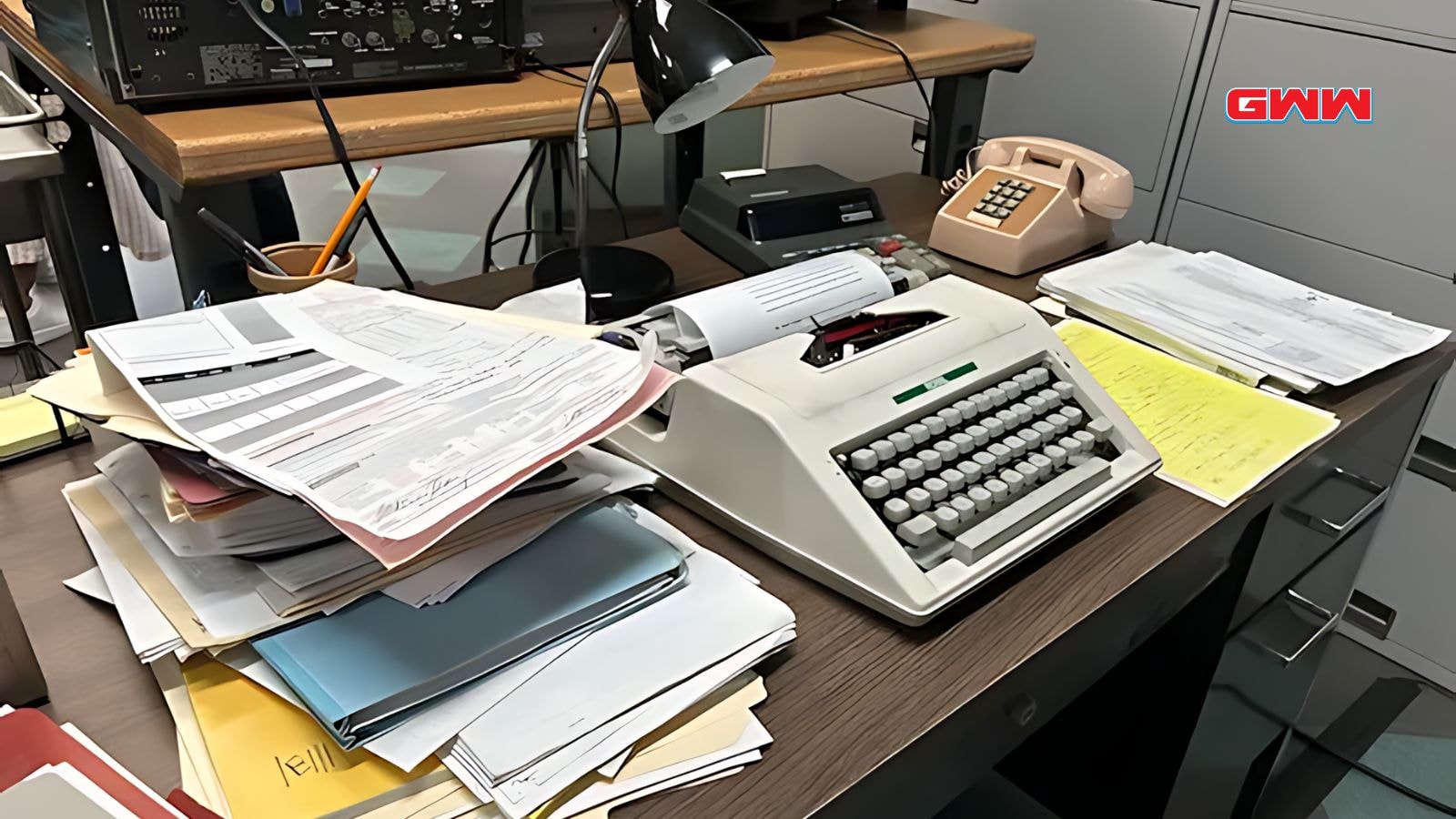 NCIS Origins: Set Photos, office table with files and typewriter