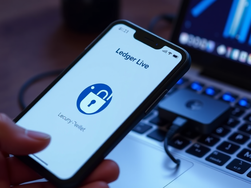 Create a realistic image of a close-up view of a smartphone screen displaying the Ledger Live app interface, with a prominent padlock icon and security shield symbol visible. In the background, blurred but recognizable, show a hardware cryptocurrency wallet device connected to a laptop. The scene is lit with a soft blue glow, emphasizing a sense of digital security and advanced technology.