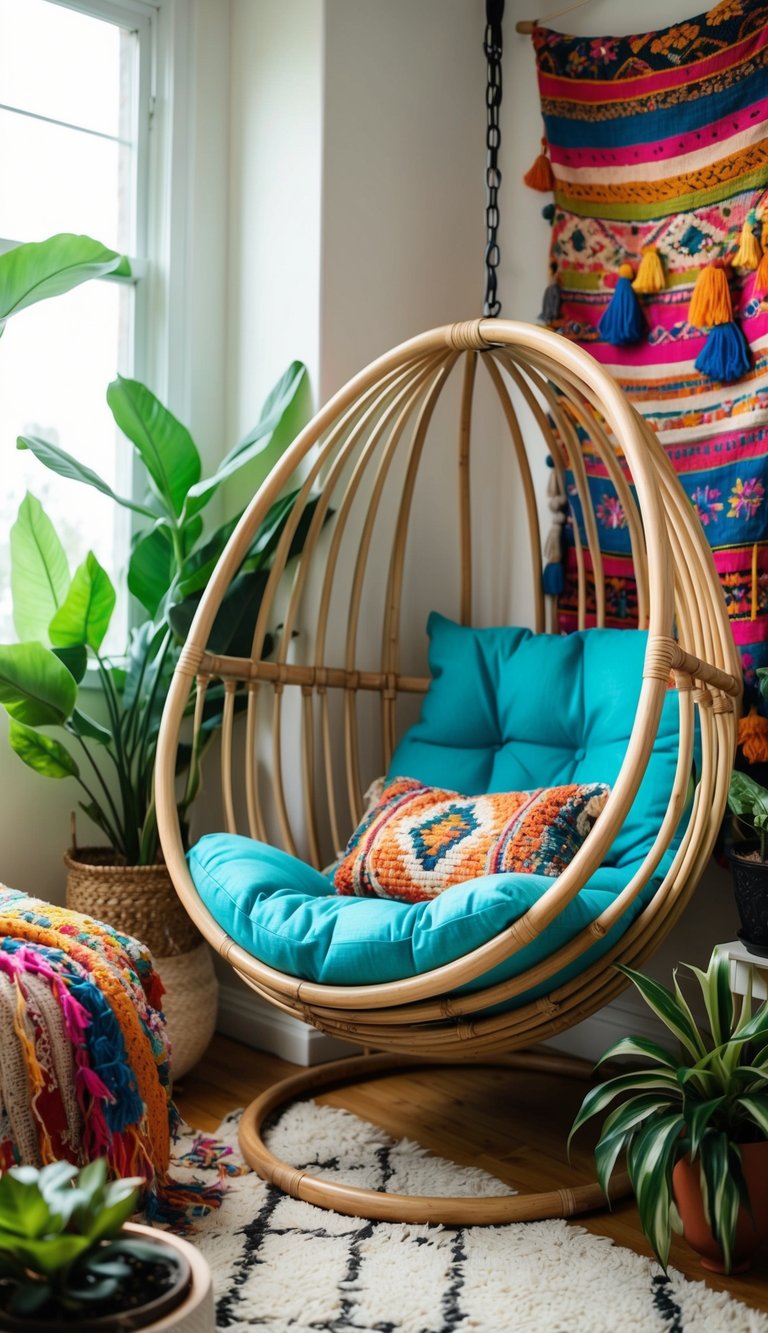 A cozy rattan egg chair sits in the corner of an eclectic boho bedroom, surrounded by colorful textiles and plants