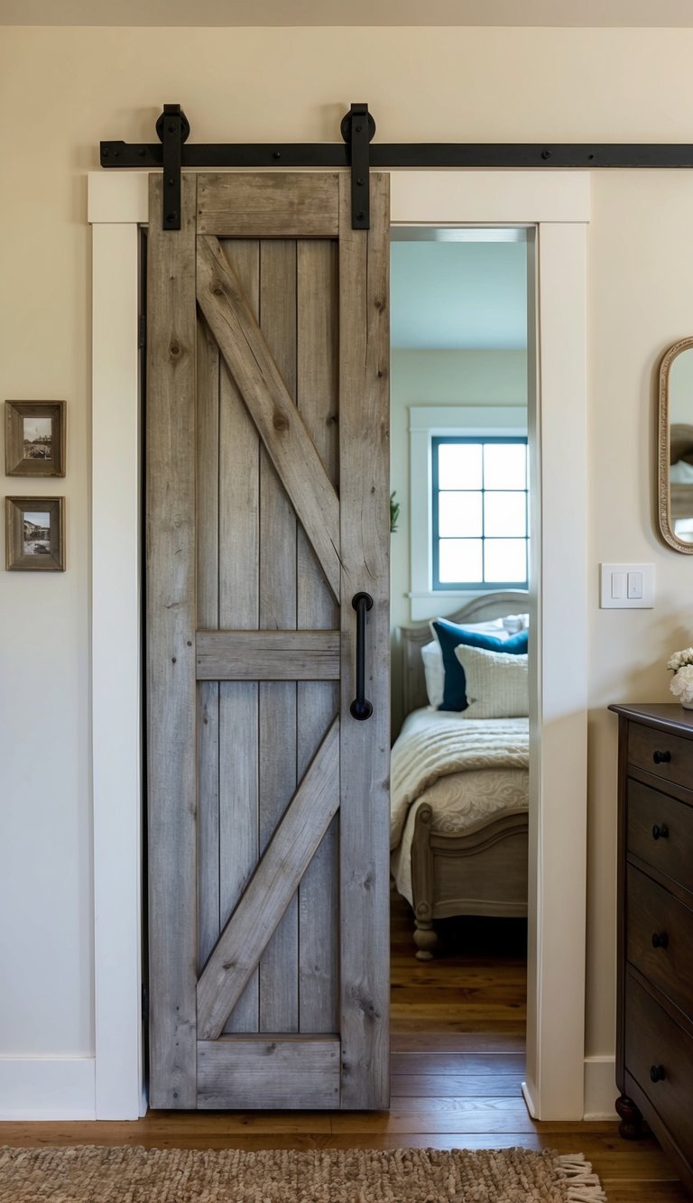 A weathered barn door serves as a closet entrance in a cozy, vintage farmhouse bedroom