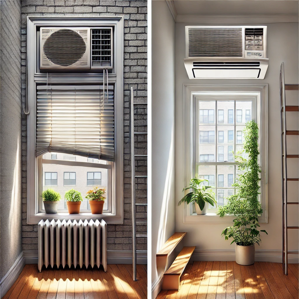 Interior room with window AC blocking daylight vs. a neat wall AC preserving window space and improving aesthetics.
