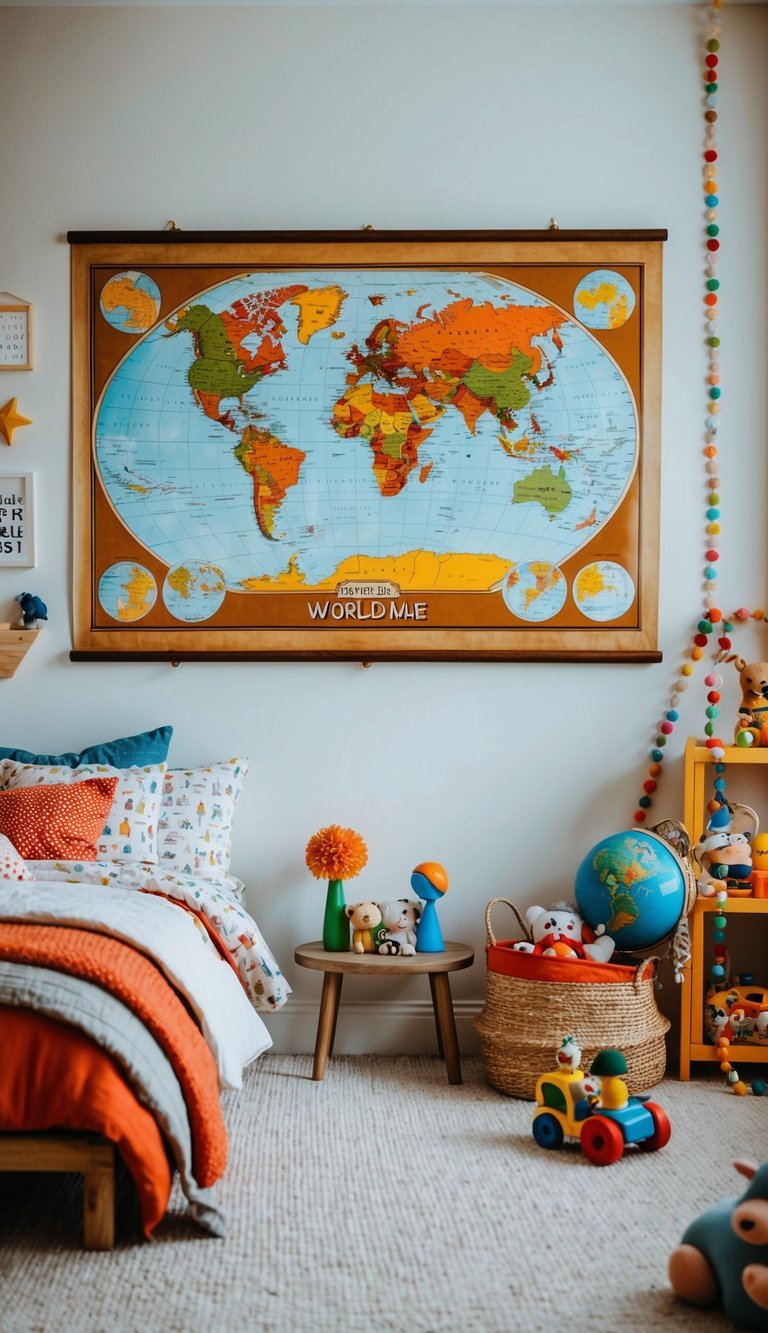 A vintage world map poster hangs on the wall of a cozy kids bedroom, surrounded by playful decor and toys