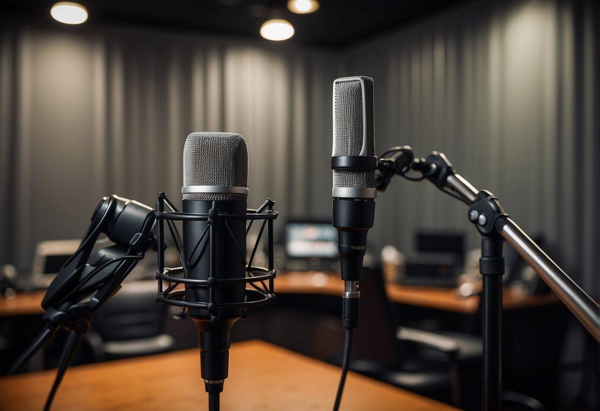 A podcast studio with soundproof panels, adjustable microphone stands, and audio equipment set up for optimal recording