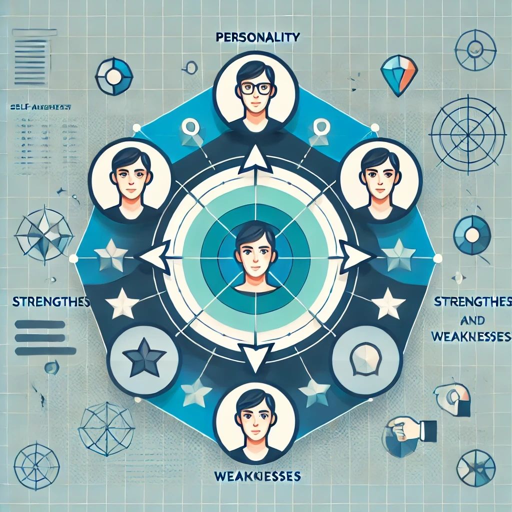 A diagram illustrating self-awareness, with sections representing personality, strengths, and weaknesses, connected by arrows to show their interrelation.