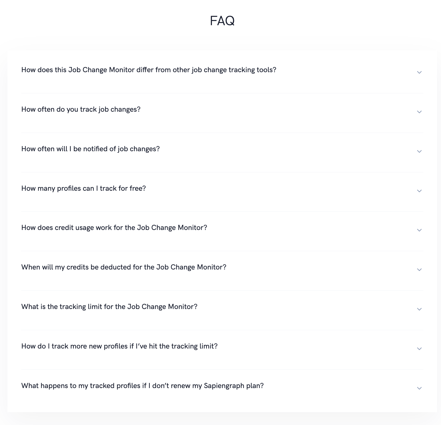 FAQ accordion on Sapiengraph's Job Change Monitor page