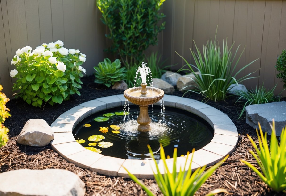 A small backyard with a variety of cost-effective water features, such as a birdbath, fountain, and small pond surrounded by low-cost landscaping elements like rocks, mulch, and drought-resistant plants