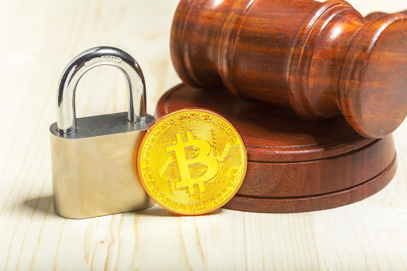 Legal crypto protection concept, BTC with padlock and gavel.