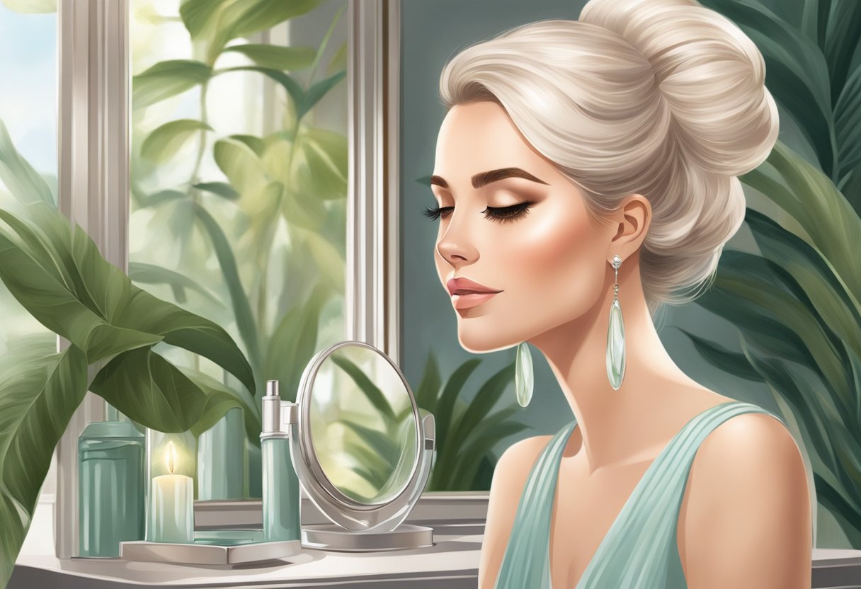 A serene, elegant setting with soft lighting and a mirror reflecting lush, voluminous lashes