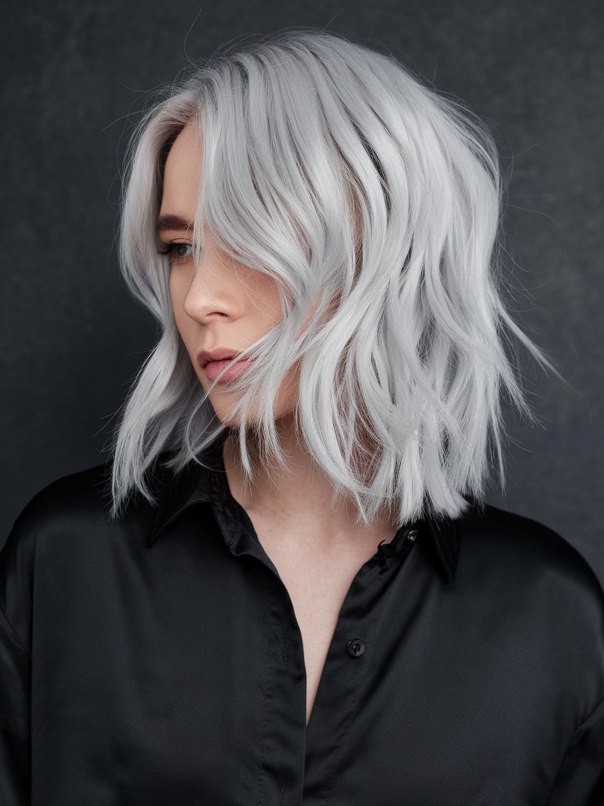 24. Silvery Platinum Layered Long Bob