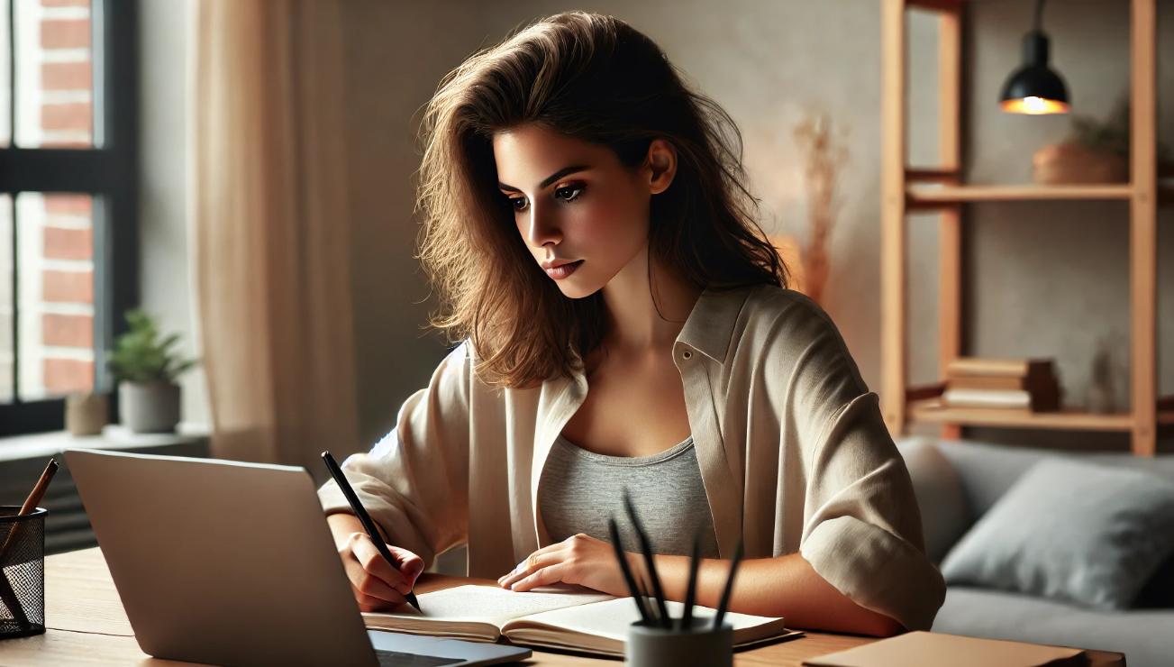 A young woman with wavy brown hair sits at a wooden desk in a warmly lit room, writing in a notebook while looking at her laptop screen. She wears a light-colored cardigan over a tank top, appearing focused and deep in thought. The desk is neatly arranged with pens in a holder, and books are stacked on a nearby shelf. A large window lets in natural light, casting a cozy ambiance in the modern, minimalist workspace.