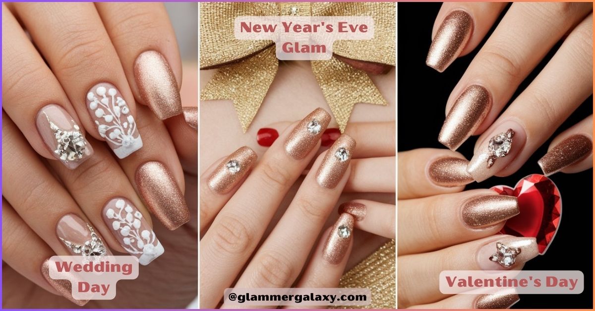 Three sets of hands with themed nail art for Wedding, New Year’s Eve, and Valentine’s Day.