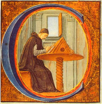 Letra capital que representa a un monje en el scriptorium