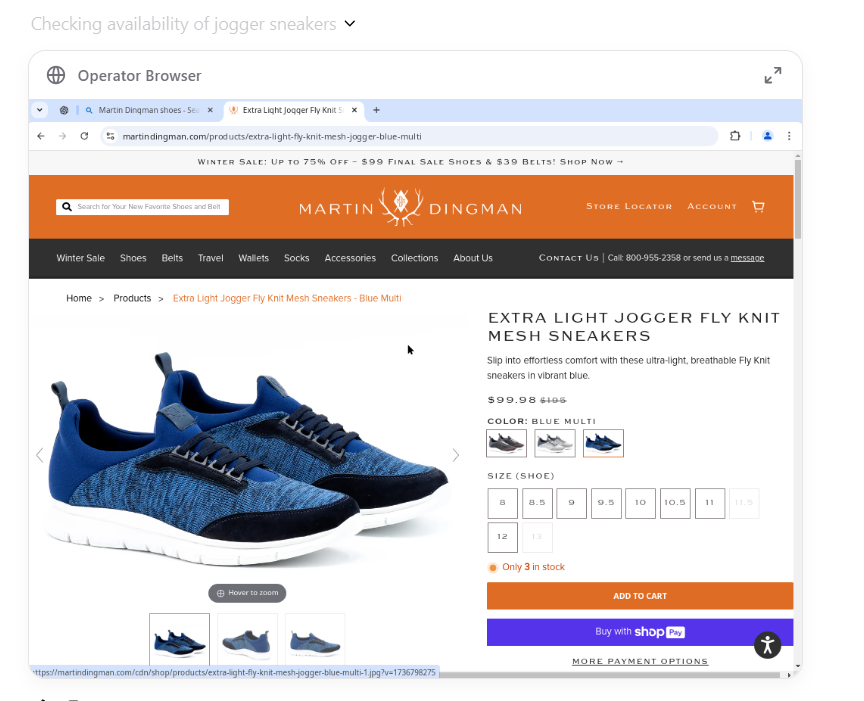 OpenAI Operator looking at a blue shoe 
 product detail page on Martin Dingman