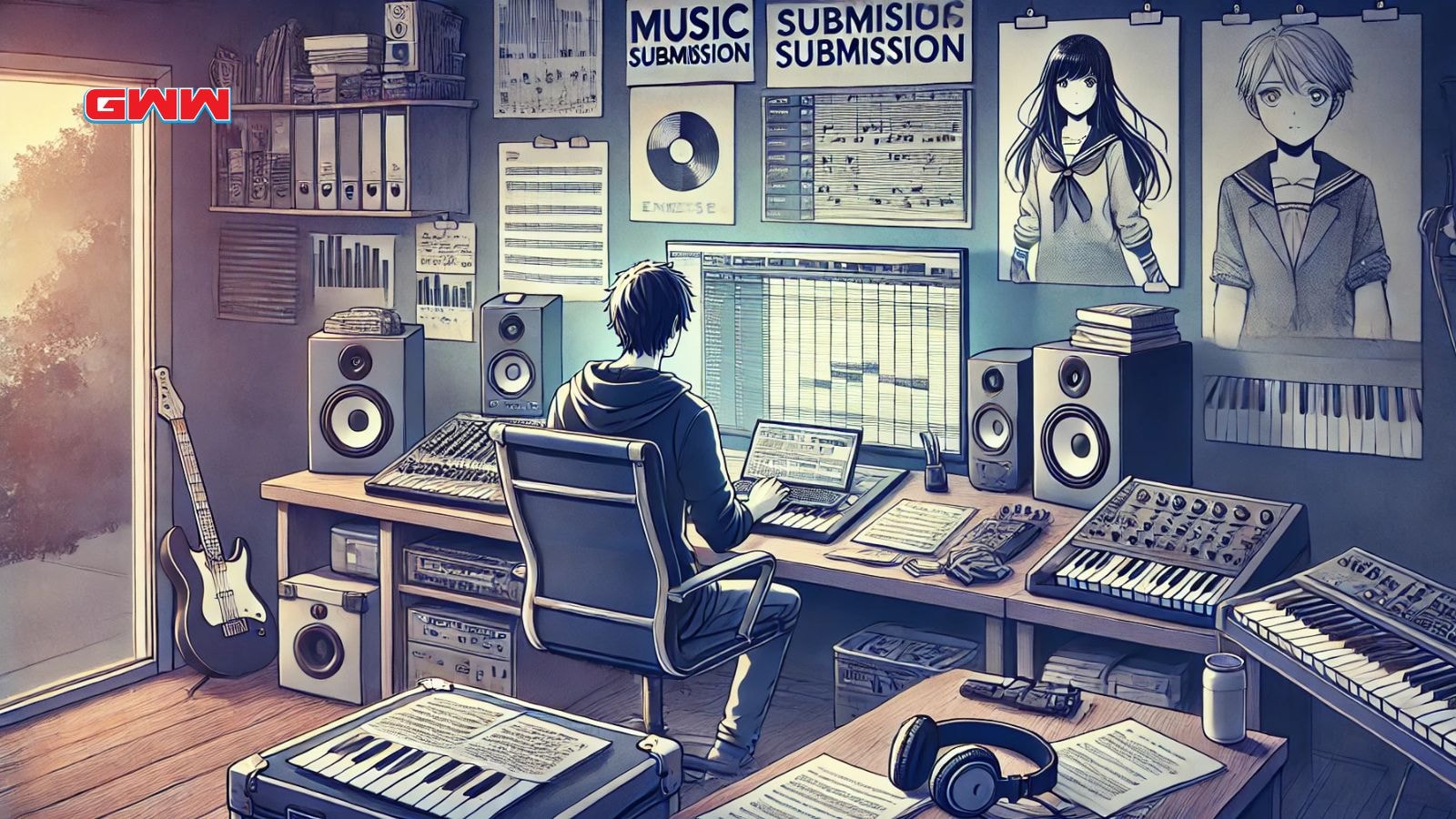 A professional, yet creative scene showing the process of submitting music for anime